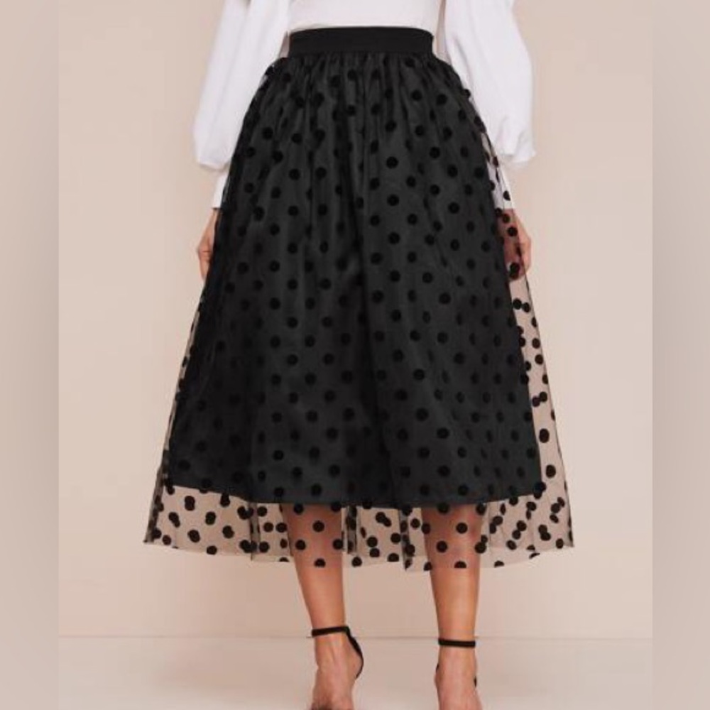 Beautiful black retro vibe polka dot skirt midi with sheer bottom